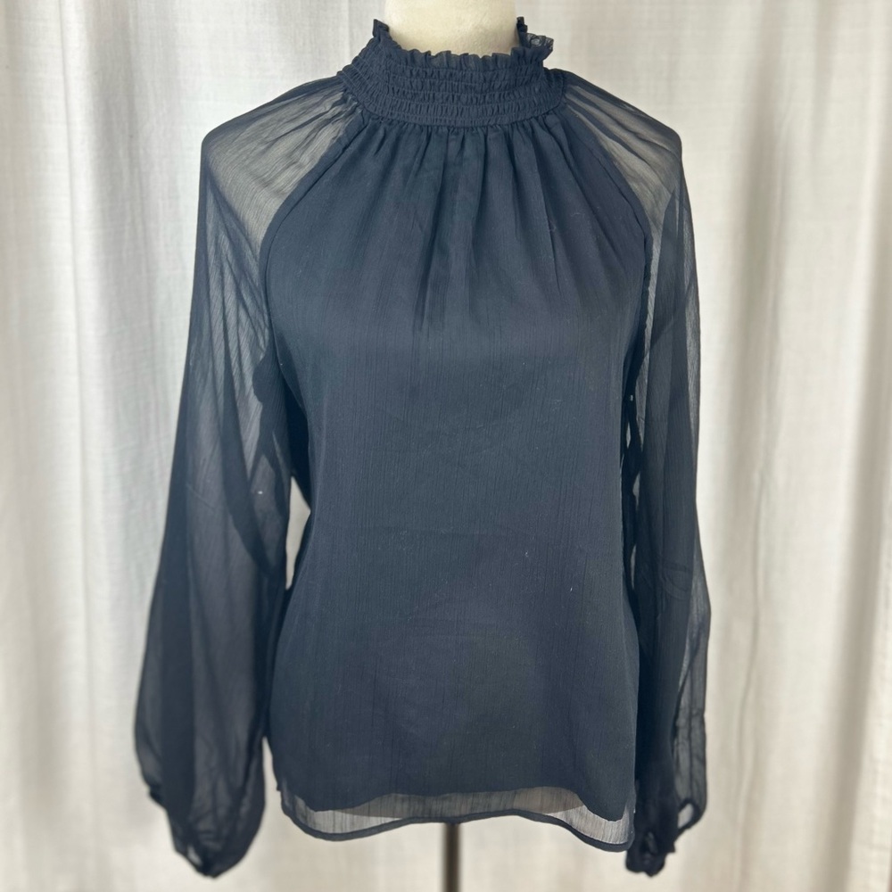 Joie Women's Sheer Smocked High Neck Chiffon Sheer Black Blouse size Medium
